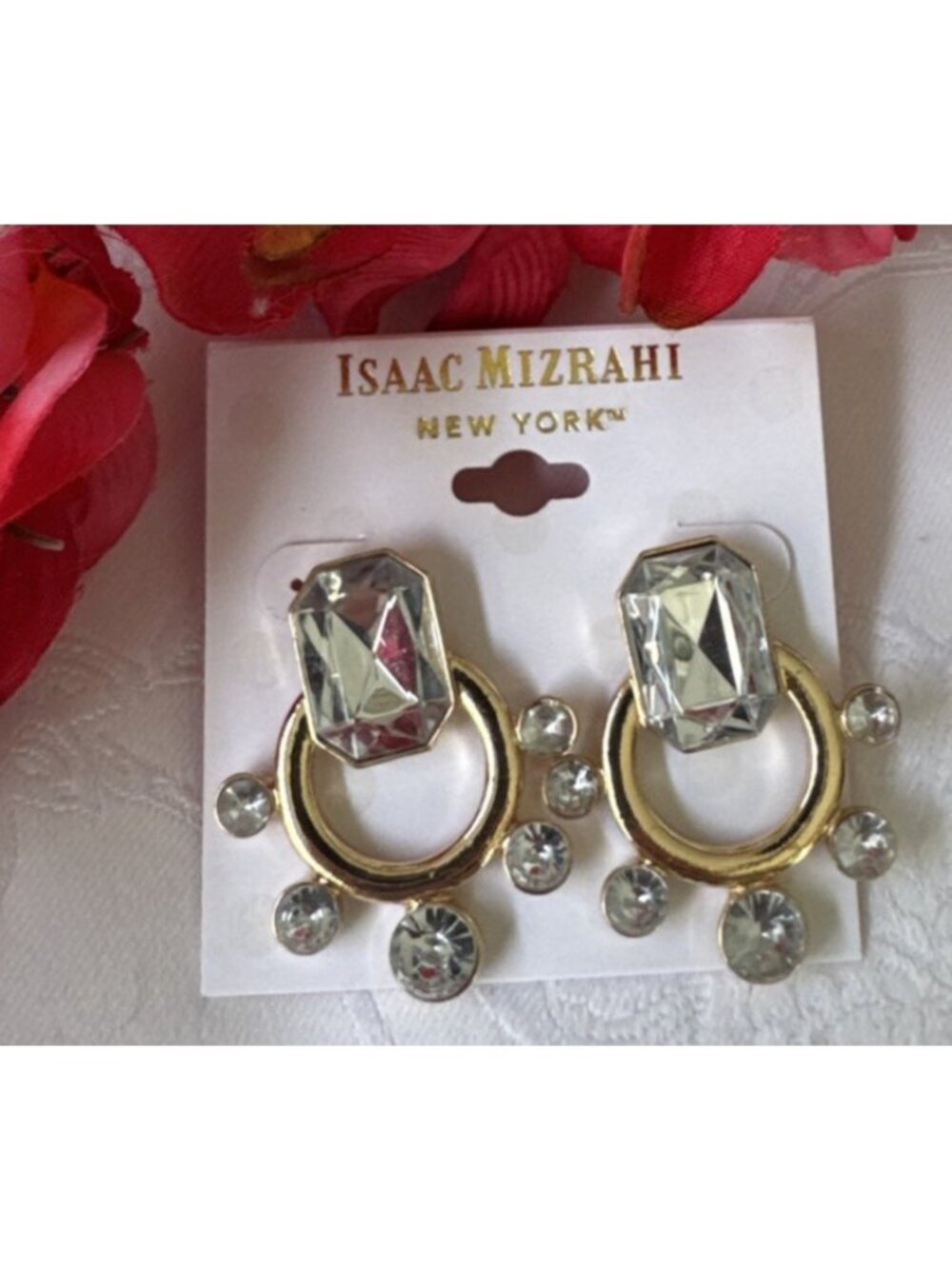 Isaac Mizrahi Shiny Gold Rhinestone Hoop Earrings 1.7" Statement Party NEW